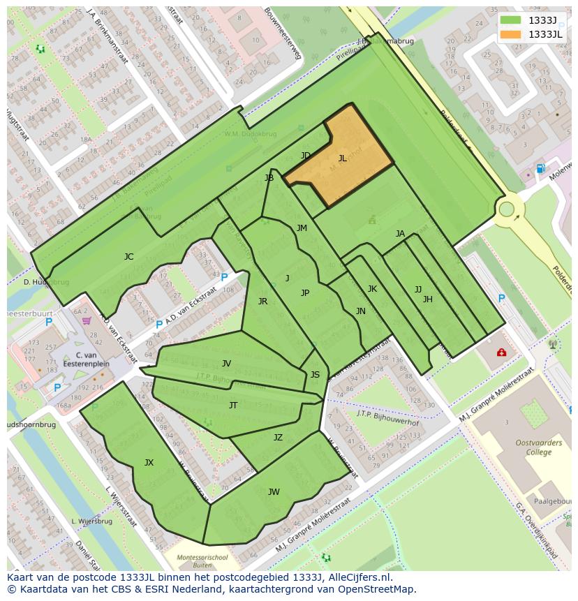 Afbeelding van het postcodegebied 1333 JL op de kaart.