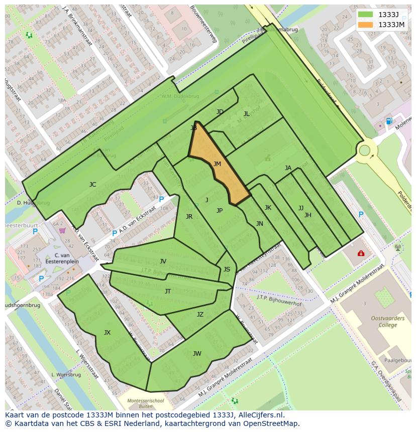 Afbeelding van het postcodegebied 1333 JM op de kaart.