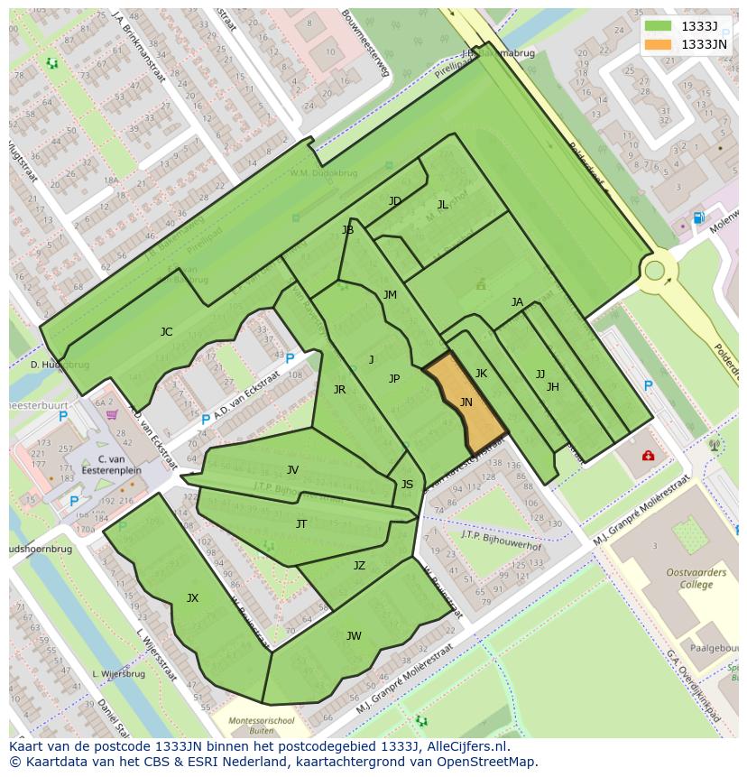 Afbeelding van het postcodegebied 1333 JN op de kaart.