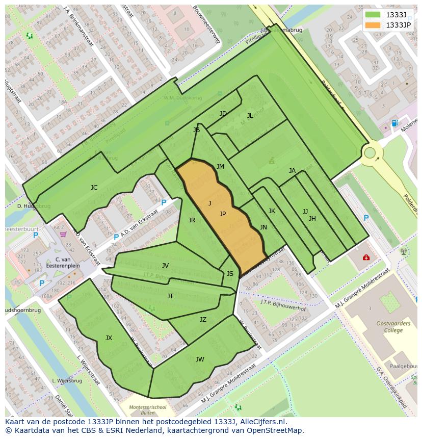 Afbeelding van het postcodegebied 1333 JP op de kaart.