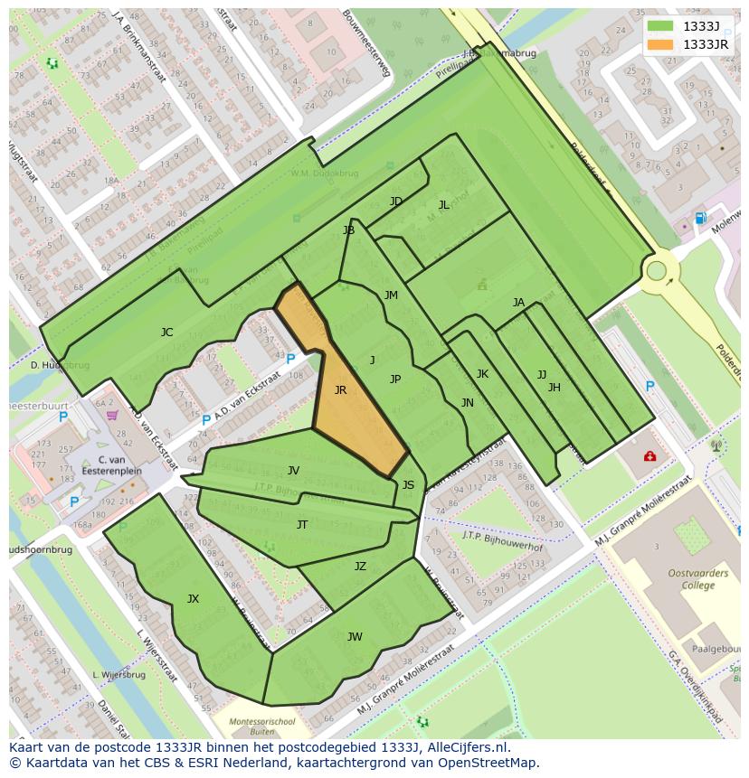 Afbeelding van het postcodegebied 1333 JR op de kaart.