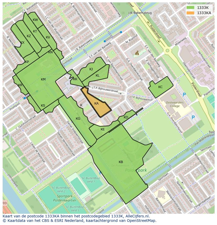 Afbeelding van het postcodegebied 1333 KA op de kaart.