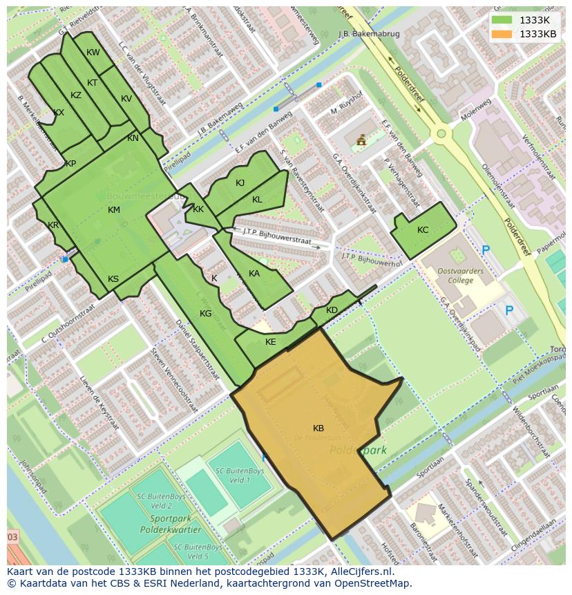 Afbeelding van het postcodegebied 1333 KB op de kaart.