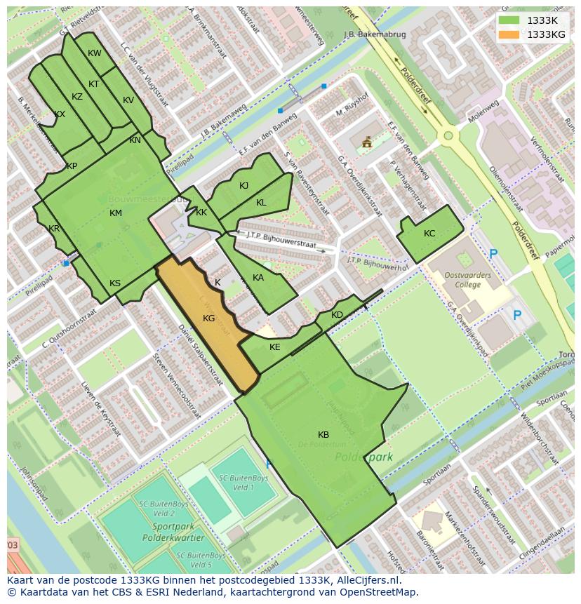 Afbeelding van het postcodegebied 1333 KG op de kaart.