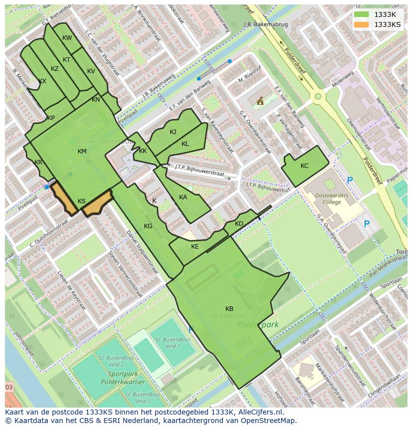 Afbeelding van het postcodegebied 1333 KS op de kaart.
