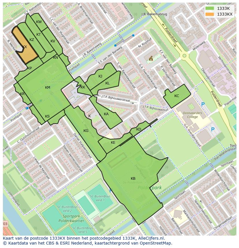 Afbeelding van het postcodegebied 1333 KX op de kaart.