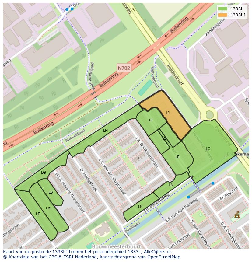 Afbeelding van het postcodegebied 1333 LJ op de kaart.