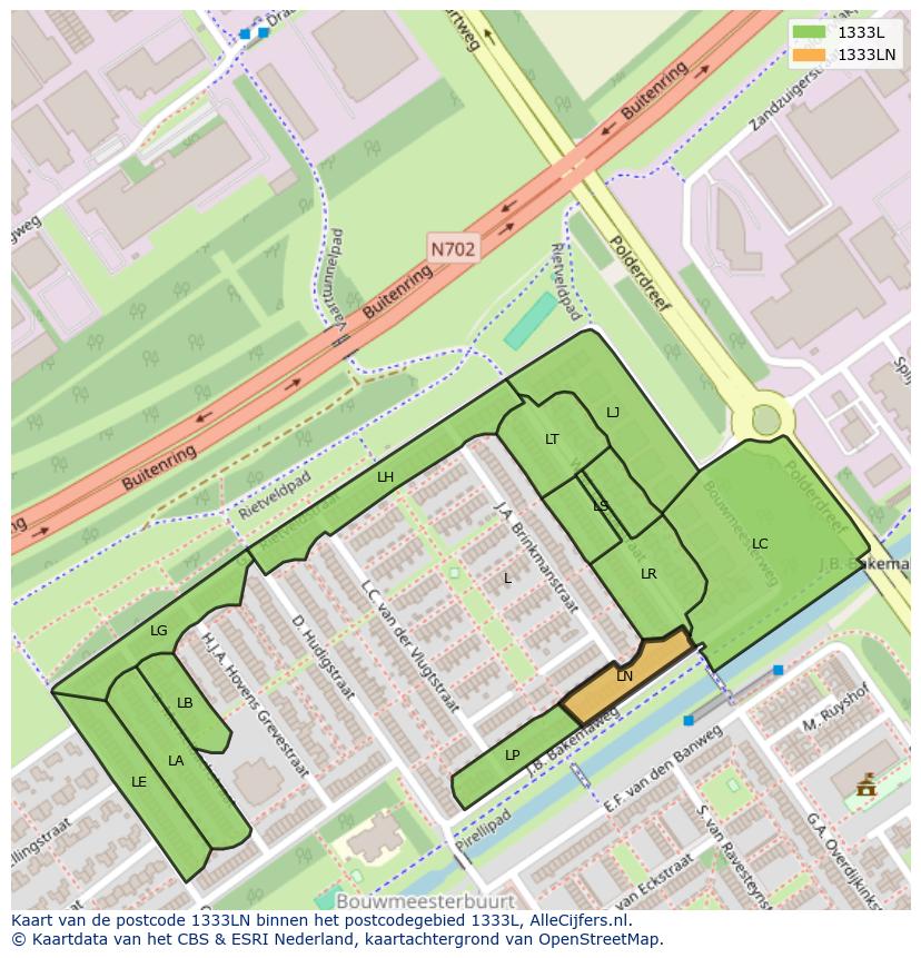 Afbeelding van het postcodegebied 1333 LN op de kaart.