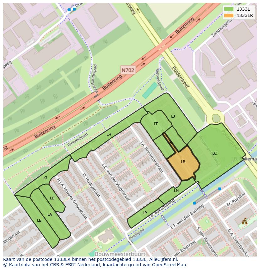 Afbeelding van het postcodegebied 1333 LR op de kaart.