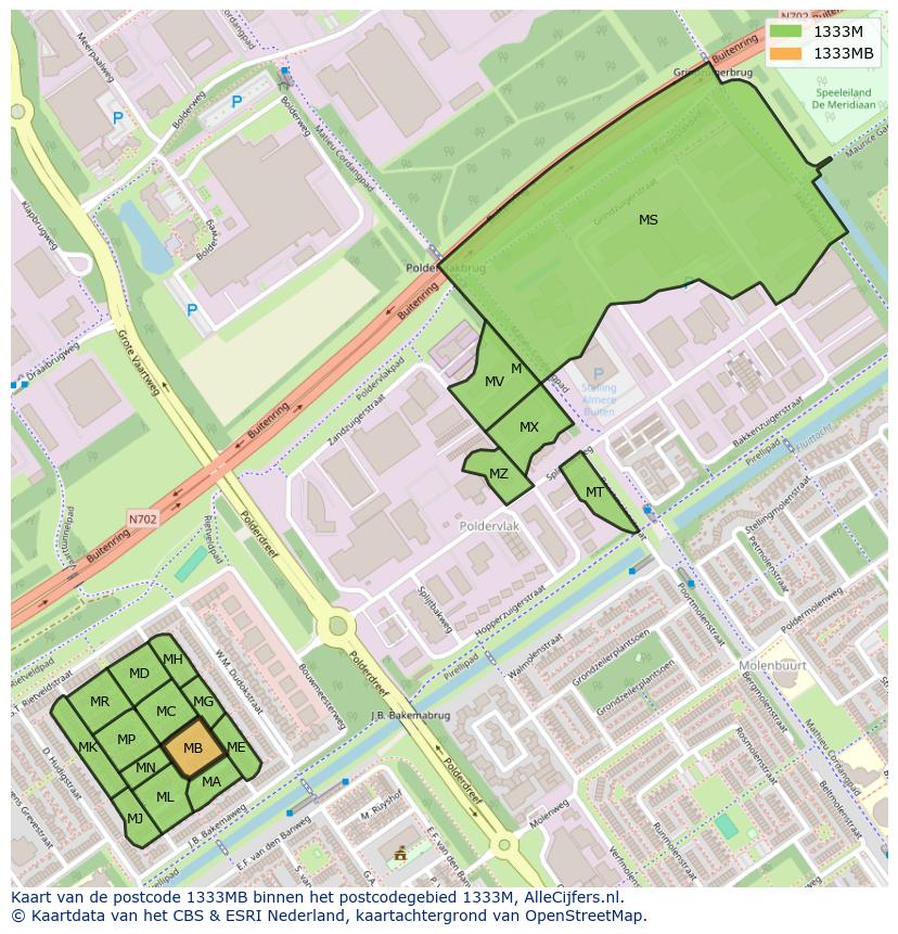 Afbeelding van het postcodegebied 1333 MB op de kaart.