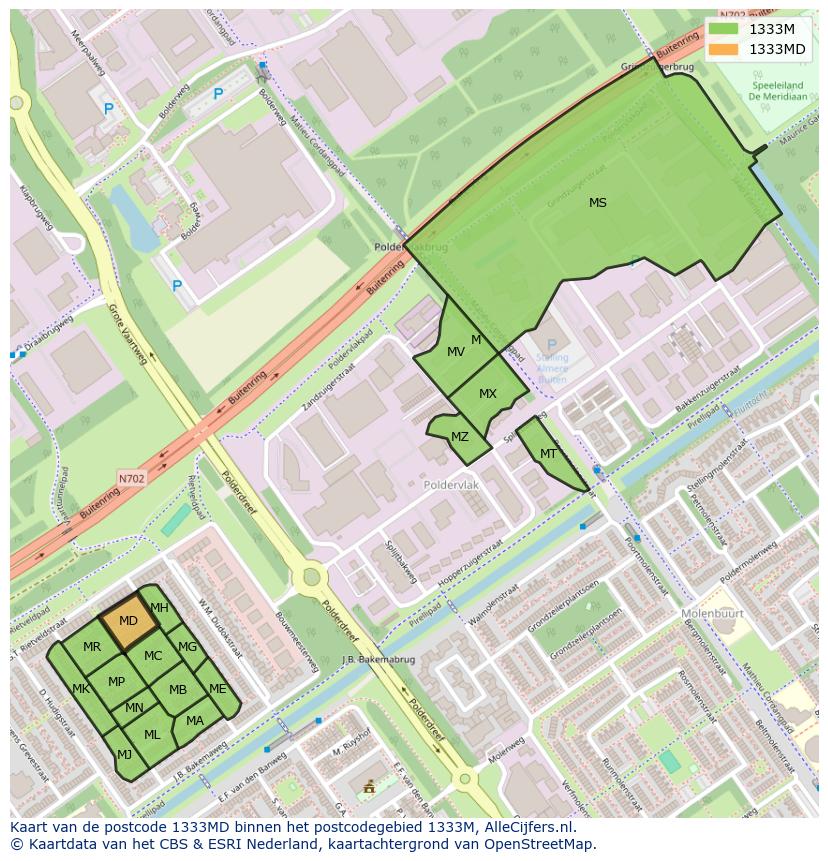 Afbeelding van het postcodegebied 1333 MD op de kaart.