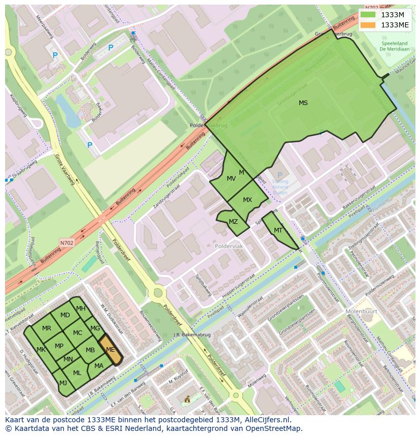 Afbeelding van het postcodegebied 1333 ME op de kaart.