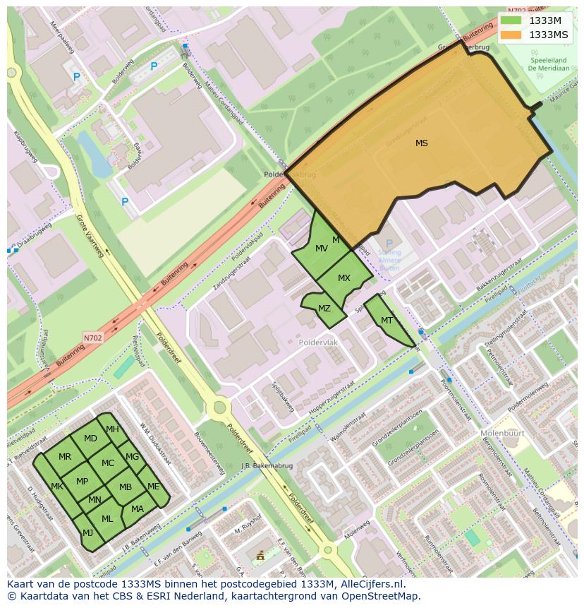 Afbeelding van het postcodegebied 1333 MS op de kaart.