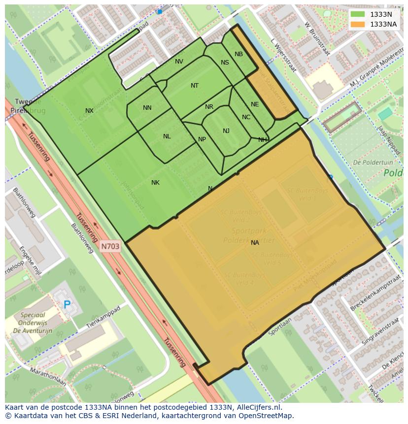 Afbeelding van het postcodegebied 1333 NA op de kaart.