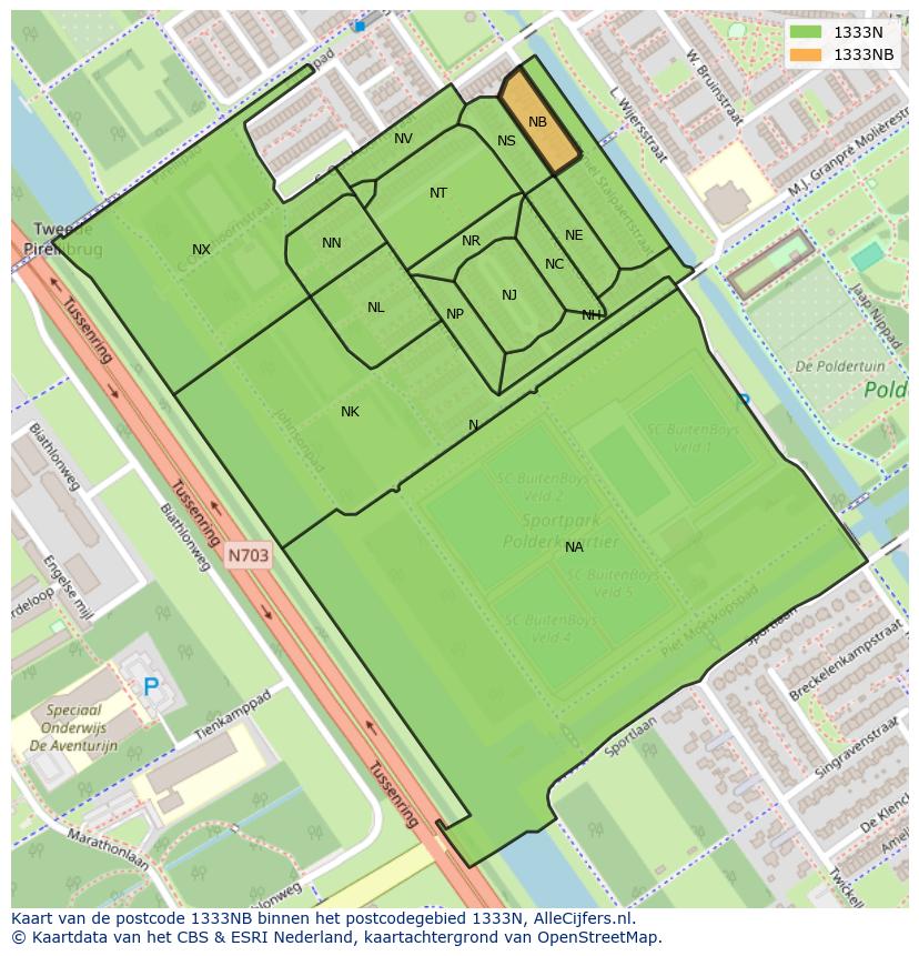 Afbeelding van het postcodegebied 1333 NB op de kaart.