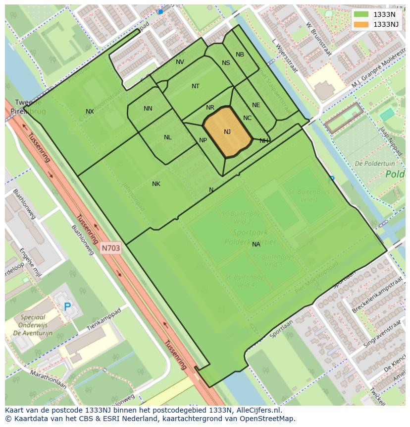Afbeelding van het postcodegebied 1333 NJ op de kaart.