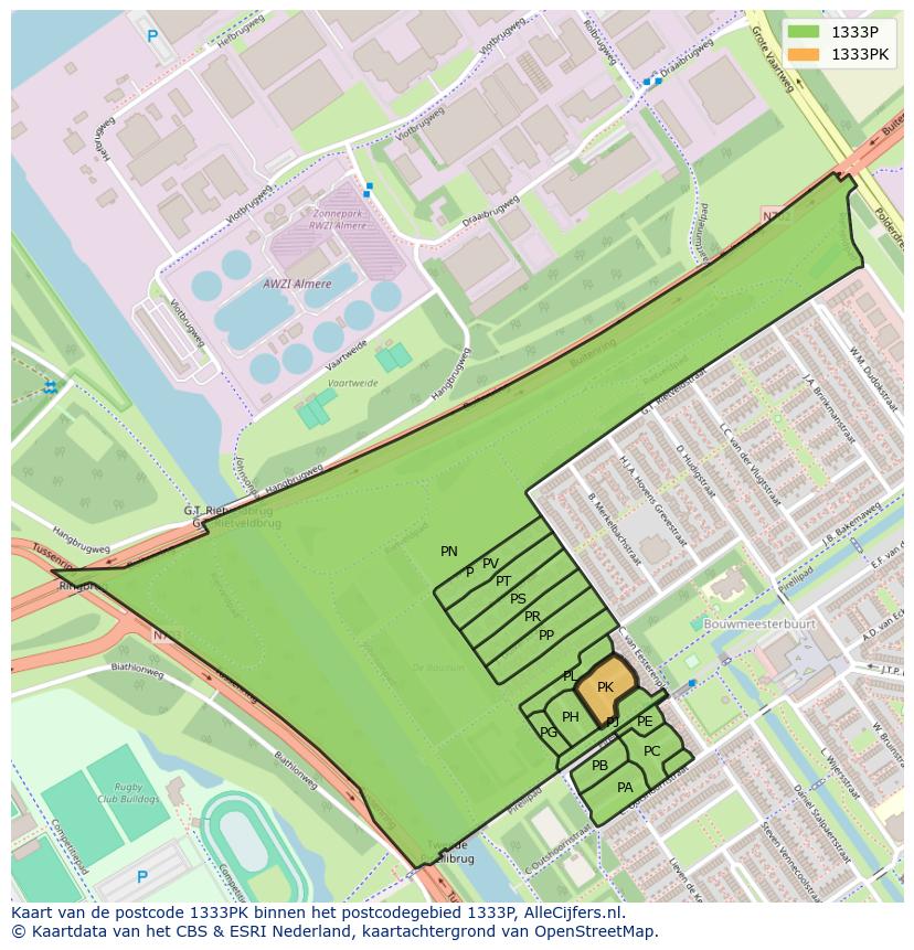 Afbeelding van het postcodegebied 1333 PK op de kaart.