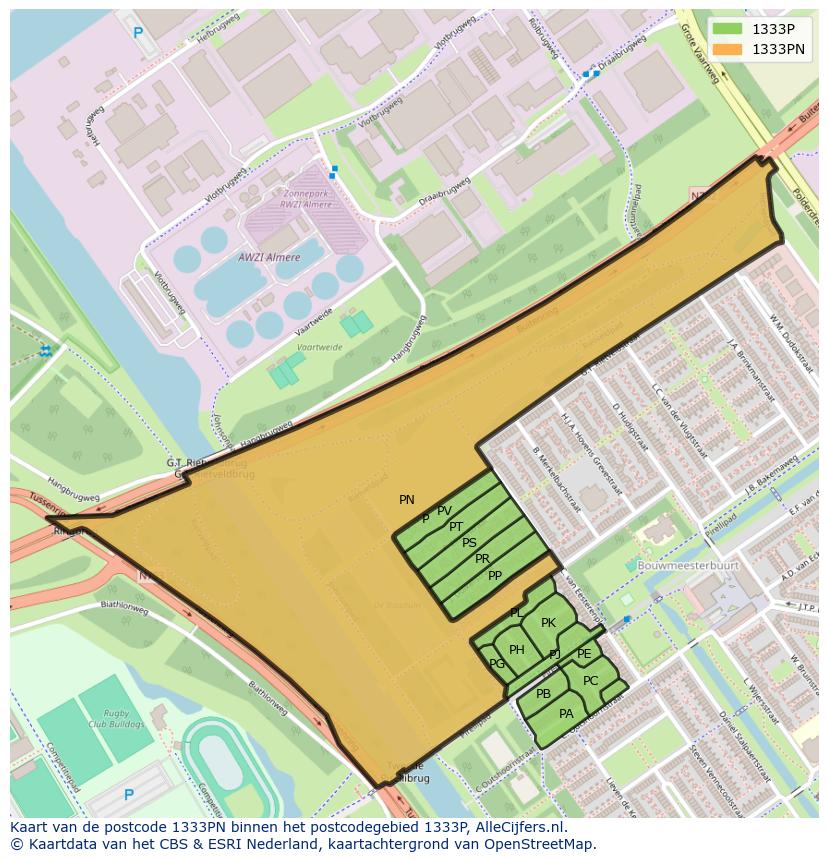 Afbeelding van het postcodegebied 1333 PN op de kaart.