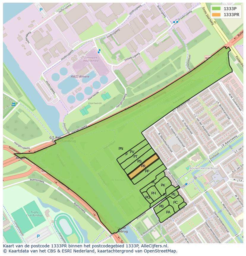 Afbeelding van het postcodegebied 1333 PR op de kaart.