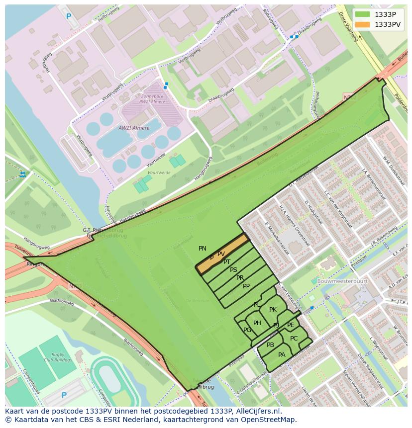 Afbeelding van het postcodegebied 1333 PV op de kaart.