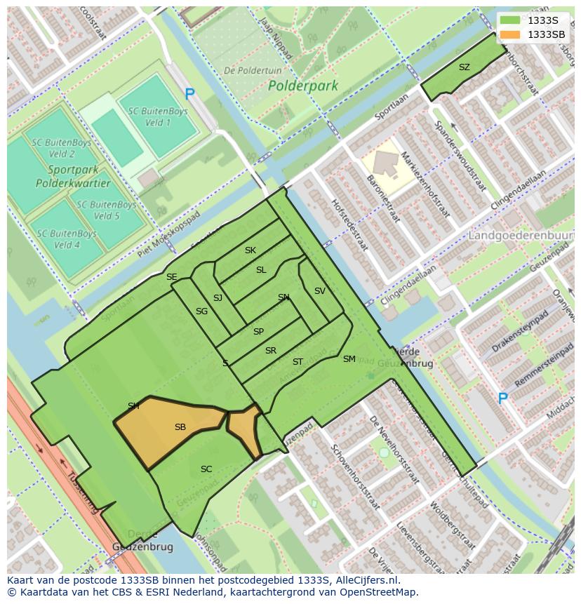 Afbeelding van het postcodegebied 1333 SB op de kaart.