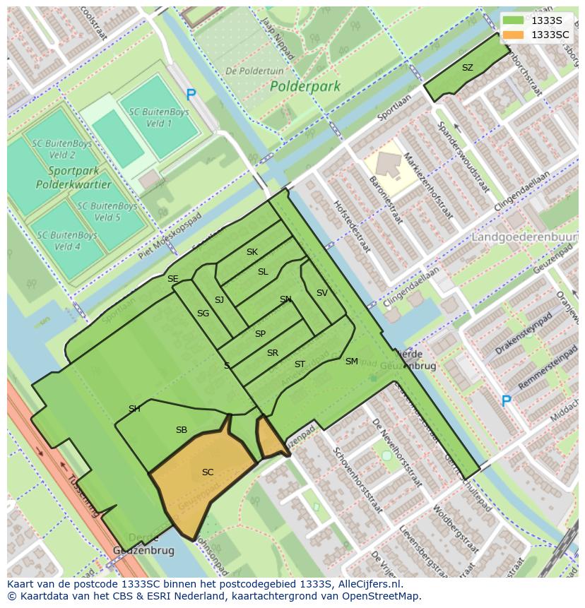 Afbeelding van het postcodegebied 1333 SC op de kaart.