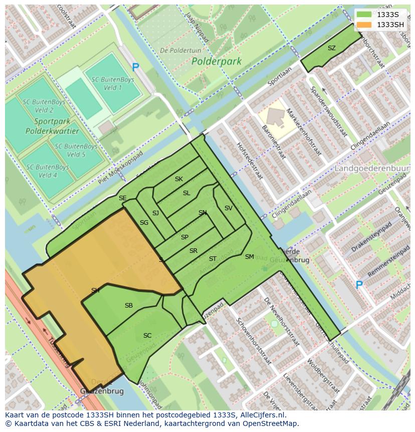 Afbeelding van het postcodegebied 1333 SH op de kaart.