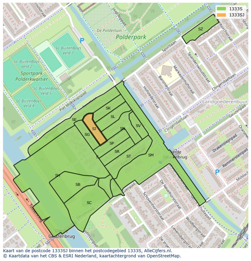 Afbeelding van het postcodegebied 1333 SJ op de kaart.