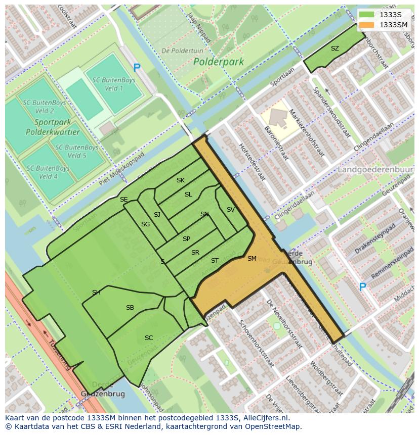 Afbeelding van het postcodegebied 1333 SM op de kaart.