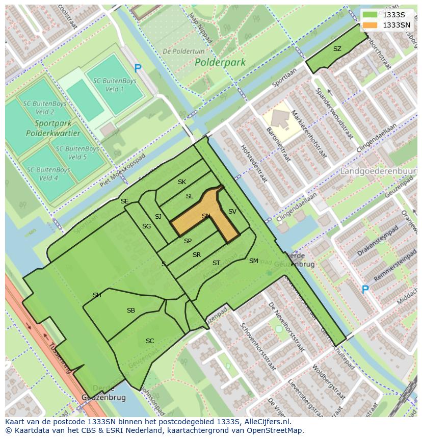 Afbeelding van het postcodegebied 1333 SN op de kaart.