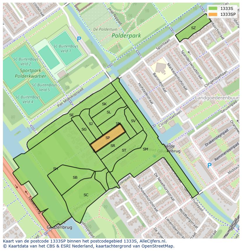 Afbeelding van het postcodegebied 1333 SP op de kaart.