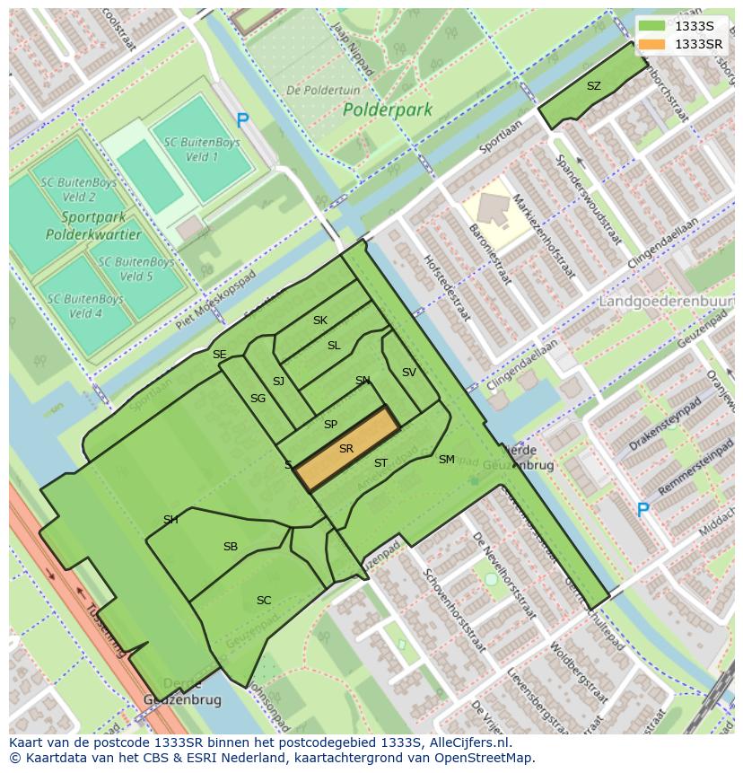 Afbeelding van het postcodegebied 1333 SR op de kaart.