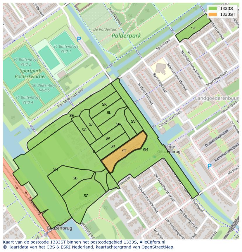 Afbeelding van het postcodegebied 1333 ST op de kaart.