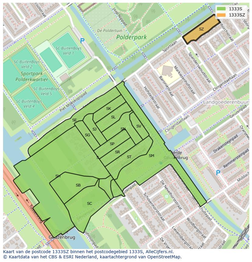 Afbeelding van het postcodegebied 1333 SZ op de kaart.