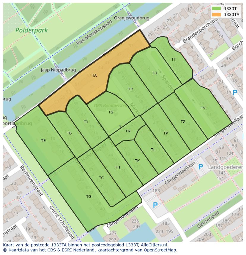 Afbeelding van het postcodegebied 1333 TA op de kaart.