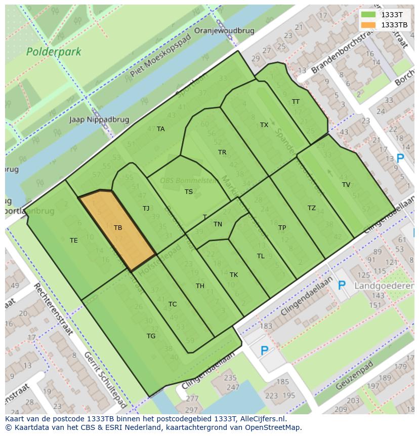 Afbeelding van het postcodegebied 1333 TB op de kaart.