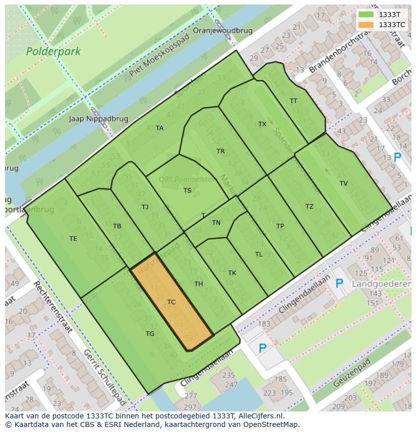 Afbeelding van het postcodegebied 1333 TC op de kaart.