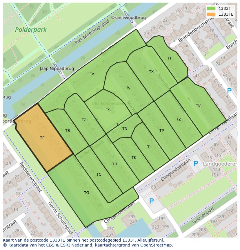 Afbeelding van het postcodegebied 1333 TE op de kaart.