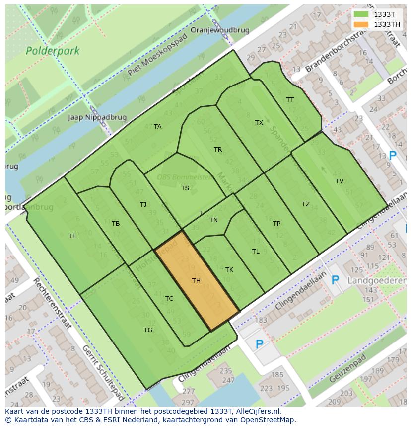 Afbeelding van het postcodegebied 1333 TH op de kaart.