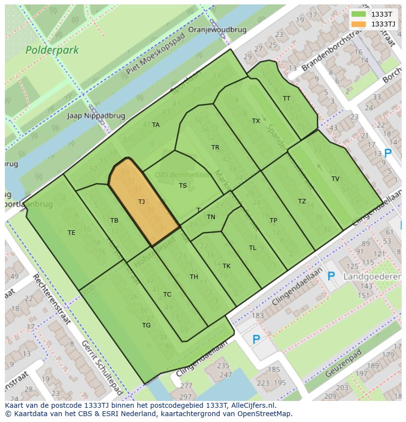 Afbeelding van het postcodegebied 1333 TJ op de kaart.