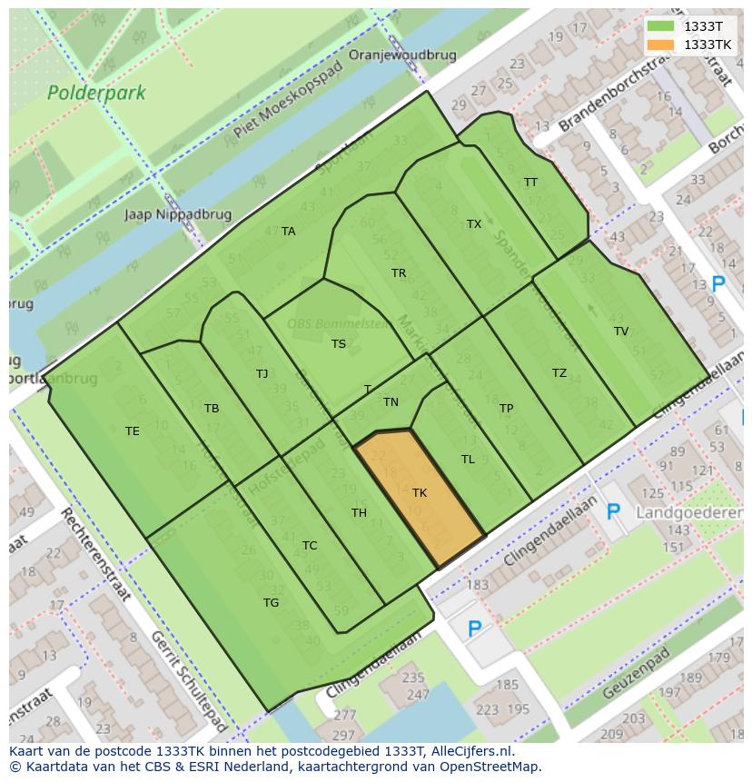 Afbeelding van het postcodegebied 1333 TK op de kaart.