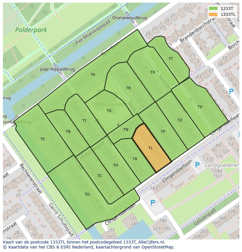 Afbeelding van het postcodegebied 1333 TL op de kaart.