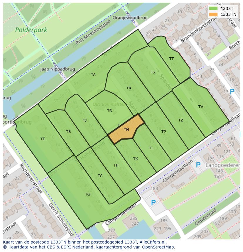 Afbeelding van het postcodegebied 1333 TN op de kaart.