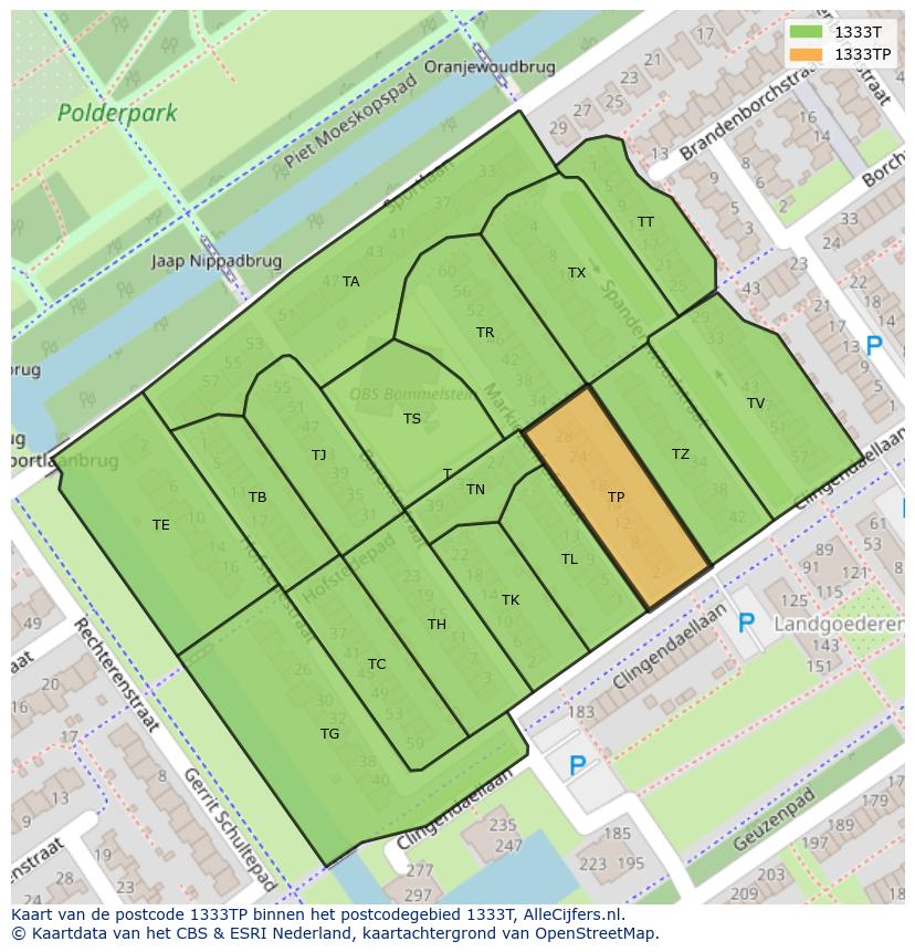 Afbeelding van het postcodegebied 1333 TP op de kaart.