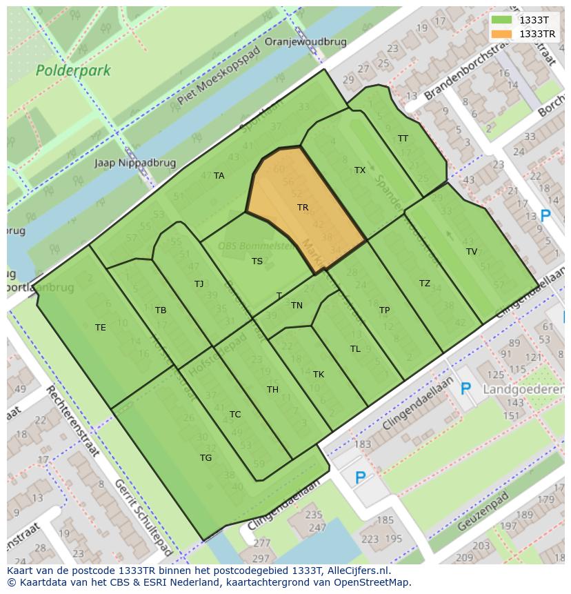 Afbeelding van het postcodegebied 1333 TR op de kaart.