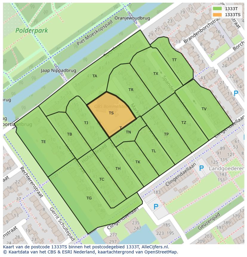 Afbeelding van het postcodegebied 1333 TS op de kaart.