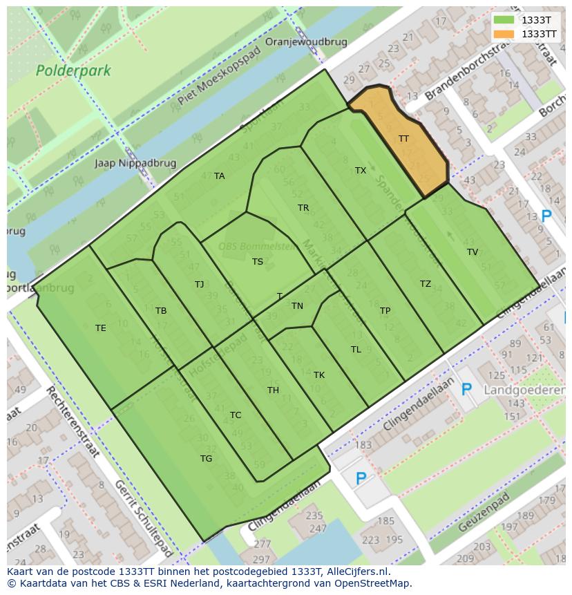 Afbeelding van het postcodegebied 1333 TT op de kaart.