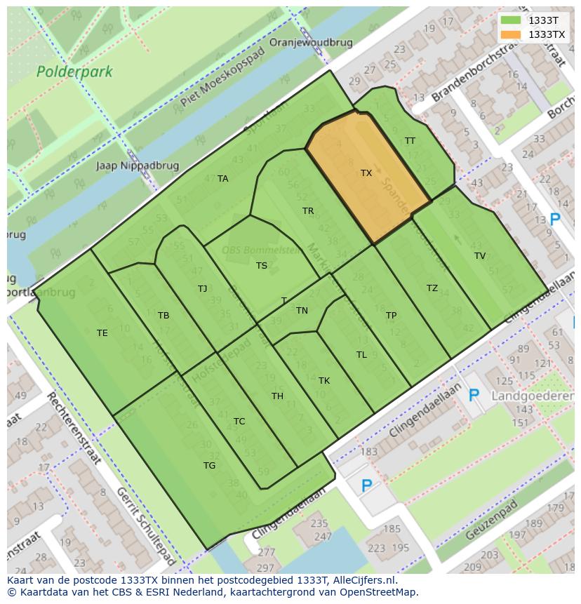 Afbeelding van het postcodegebied 1333 TX op de kaart.