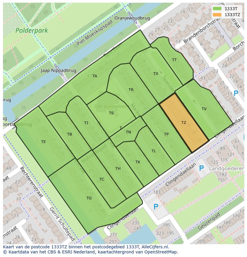 Afbeelding van het postcodegebied 1333 TZ op de kaart.