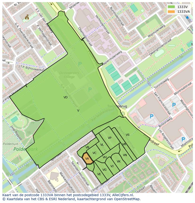 Afbeelding van het postcodegebied 1333 VA op de kaart.
